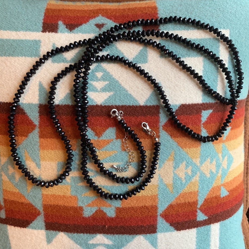 Sparkling black glass beads extra long 60”strand w clasp and exstention, new.